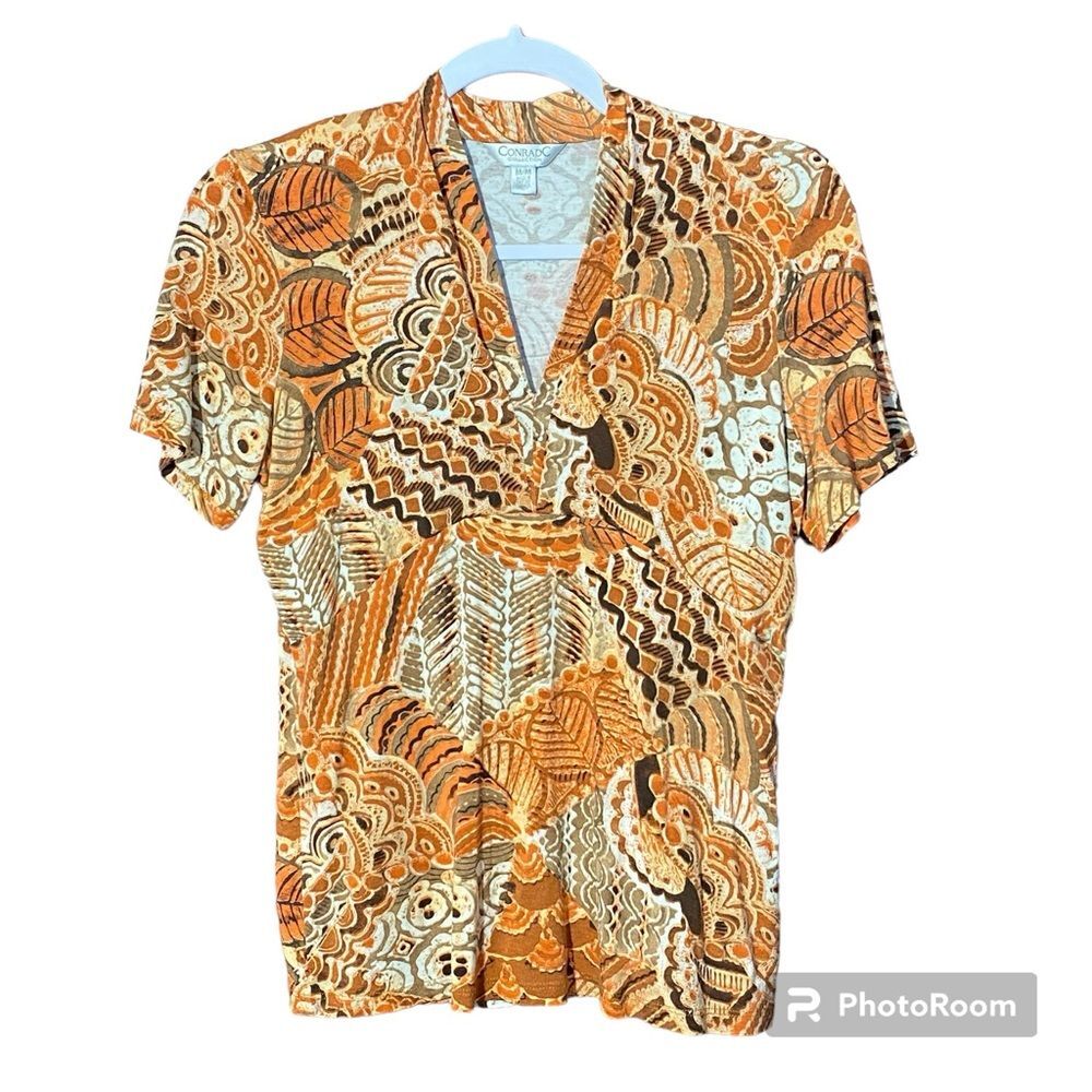 Women's Vintage Conrad C Collection V Neck Orange Mixed Pattern Blouse Size M